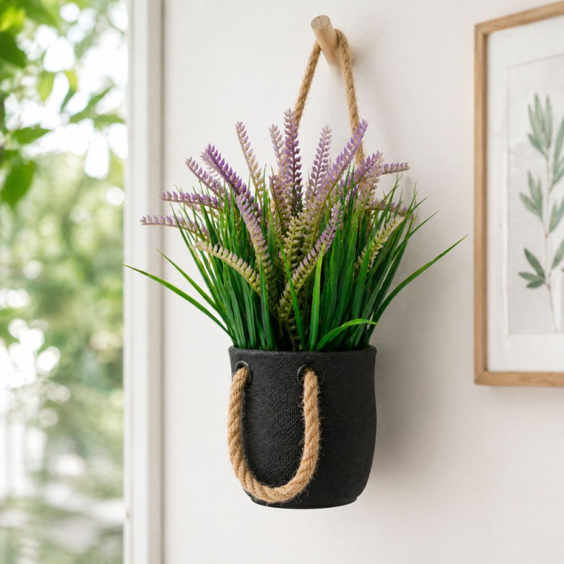 Professional Decorative Artificial Lavender Plant – Purple & Green Foliage in Black Rope-Handle Pot (21cm)