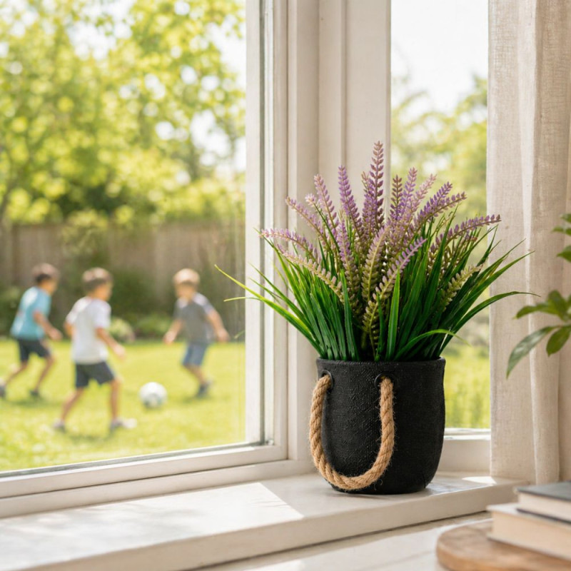 Professional Decorative Artificial Lavender Plant – Purple & Green Foliage in Black Rope-Handle Pot (21cm)