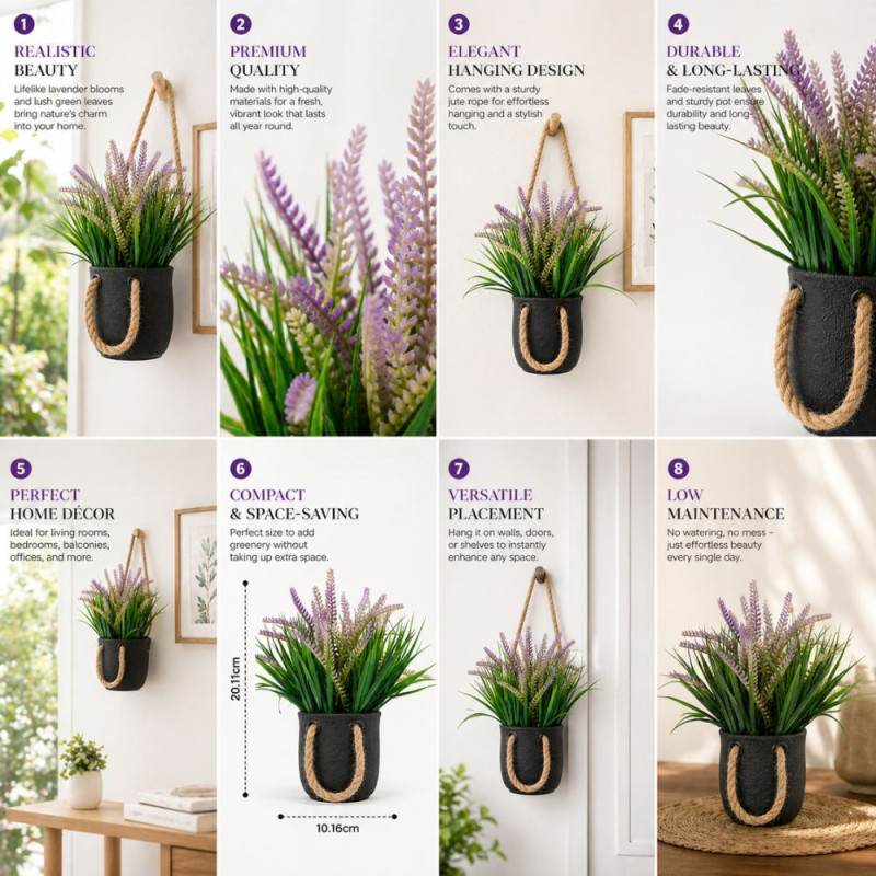 Professional Decorative Artificial Lavender Plant – Purple & Green Foliage in Black Rope-Handle Pot (21cm)