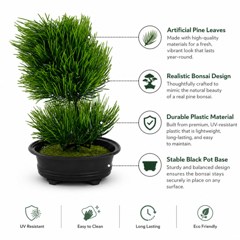 Professional Artificial Pine Bonsai Tree – Zen Green & Black (27cm)