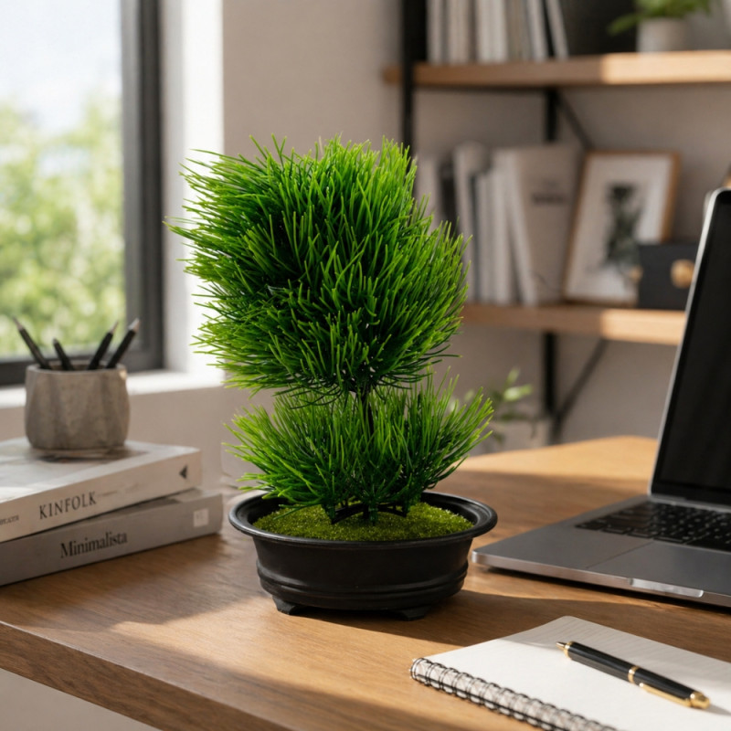 Professional Artificial Pine Bonsai Tree – Zen Green & Black (27cm)