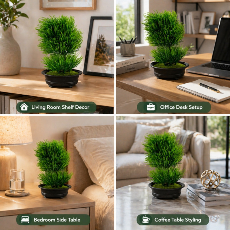 Professional Artificial Pine Bonsai Tree – Zen Green & Black (27cm)