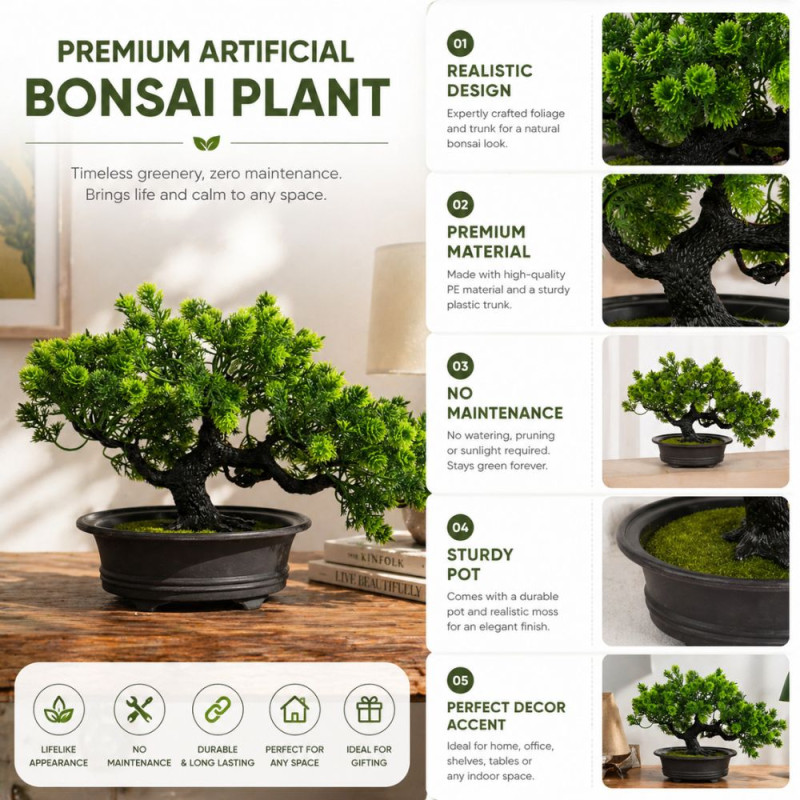 Professional Small Artificial Bonsai Tree – Zen Decor in Black Pot (20cm)