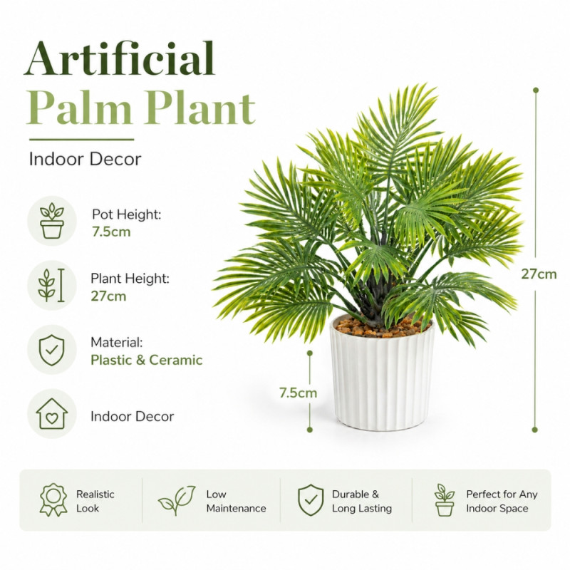 Holistic small, artificial Areca palm plant – White & Green (27cm)