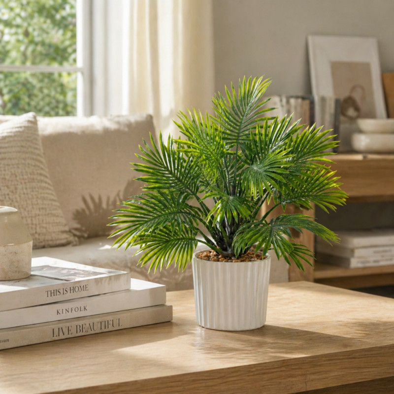 Holistic small, artificial Areca palm plant – White & Green (27cm)