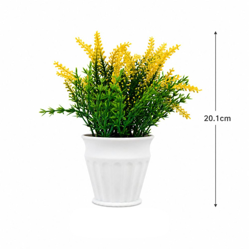 Professional Artificial Yellow Lavender Plant – Vibrant Floral Decor in White Fluted Pot (20cm)