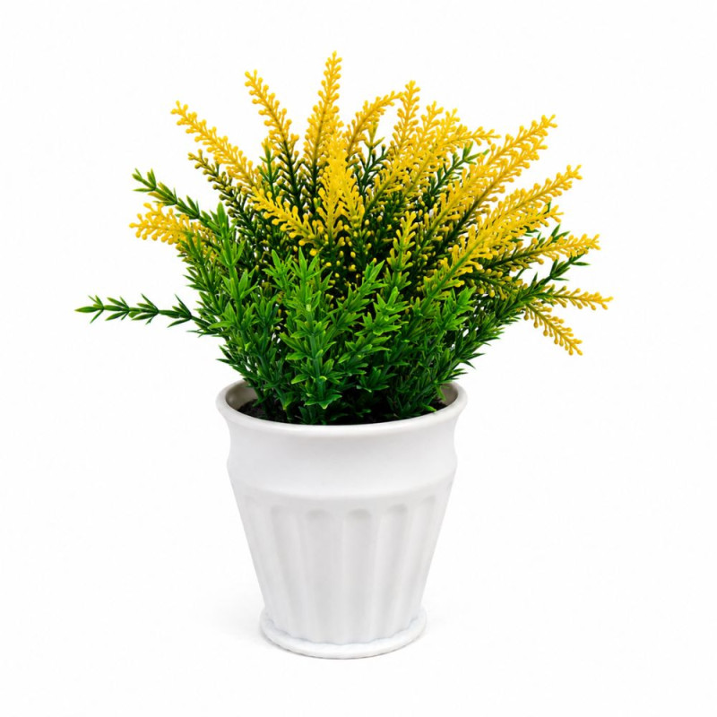 Professional Artificial Yellow Lavender Plant – Vibrant Floral Decor in White Fluted Pot (20cm)