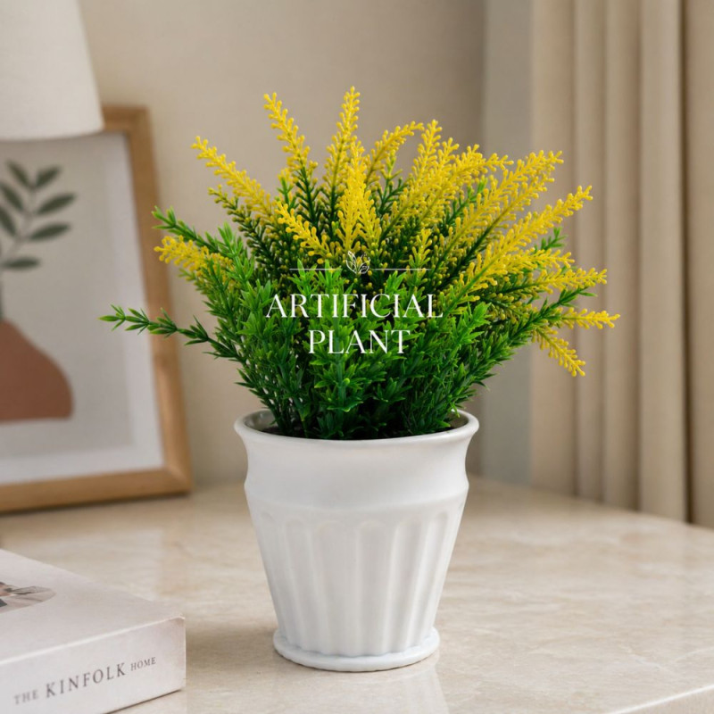 Professional Artificial Yellow Lavender Plant – Vibrant Floral Decor in White Fluted Pot (20cm)