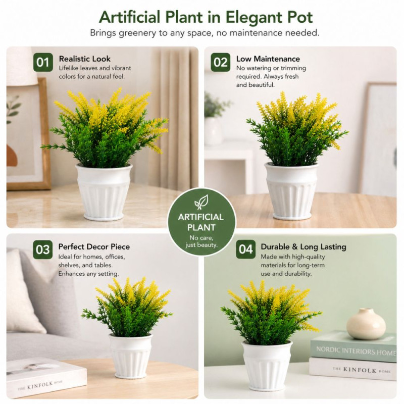 Professional Artificial Yellow Lavender Plant – Vibrant Floral Decor in White Fluted Pot (20cm)