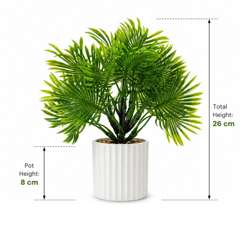 Professional Artificial Potted Palm Tree – Green & Ribbed White Pot (26cm)