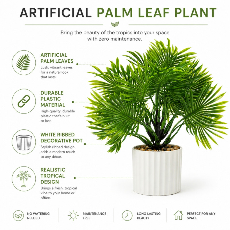 Professional Artificial Potted Palm Tree – Green & Ribbed White Pot (26cm)