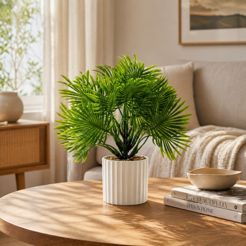 Professional Artificial Potted Palm Tree – Green & Ribbed White Pot (26cm)