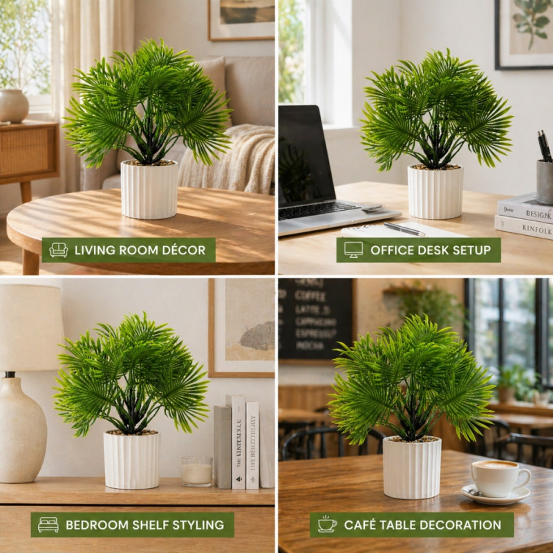 Professional Artificial Potted Palm Tree – Green & Ribbed White Pot (26cm)