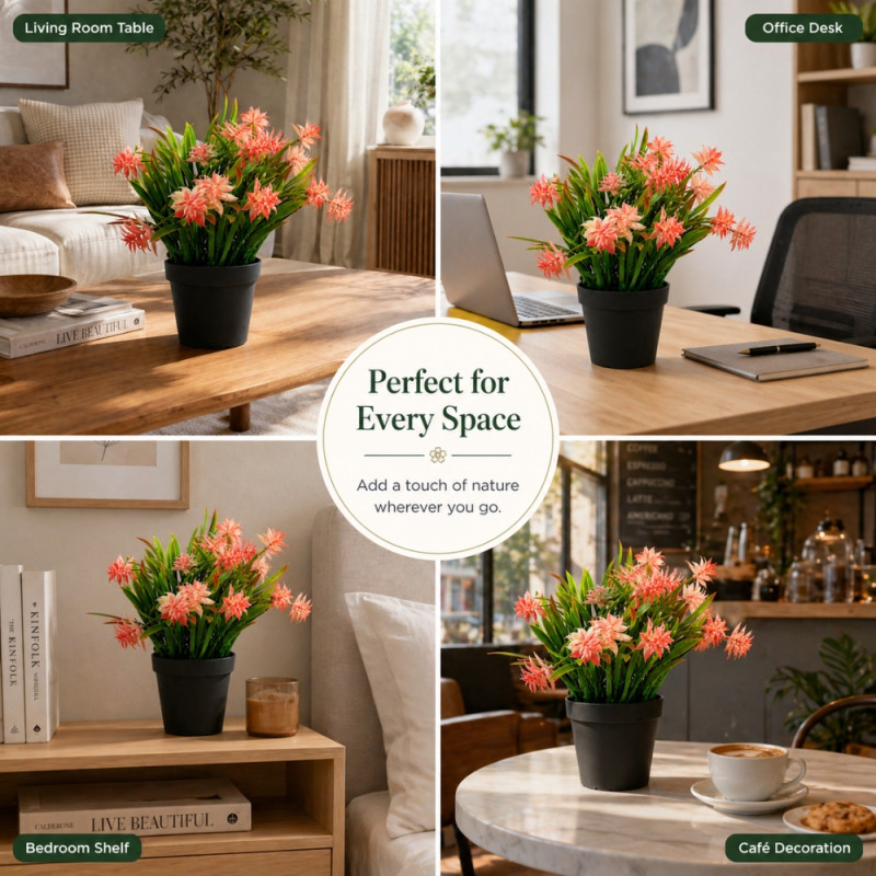 Professional Artificial Potted Plant – Pink Floral & Green Grass (23cm)