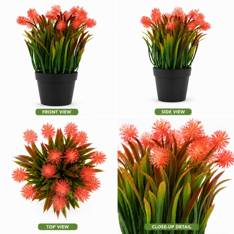 Professional Artificial Potted Pompon Plant – Red & Green (23cm)