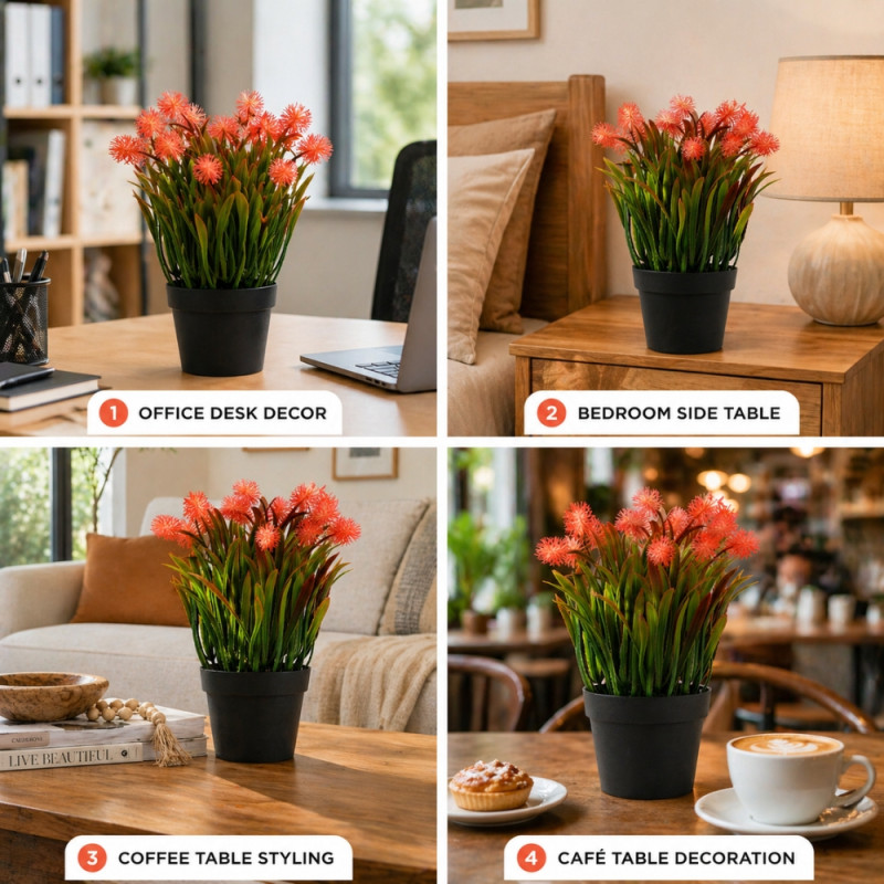 Professional Artificial Potted Pompon Plant – Red & Green (23cm)