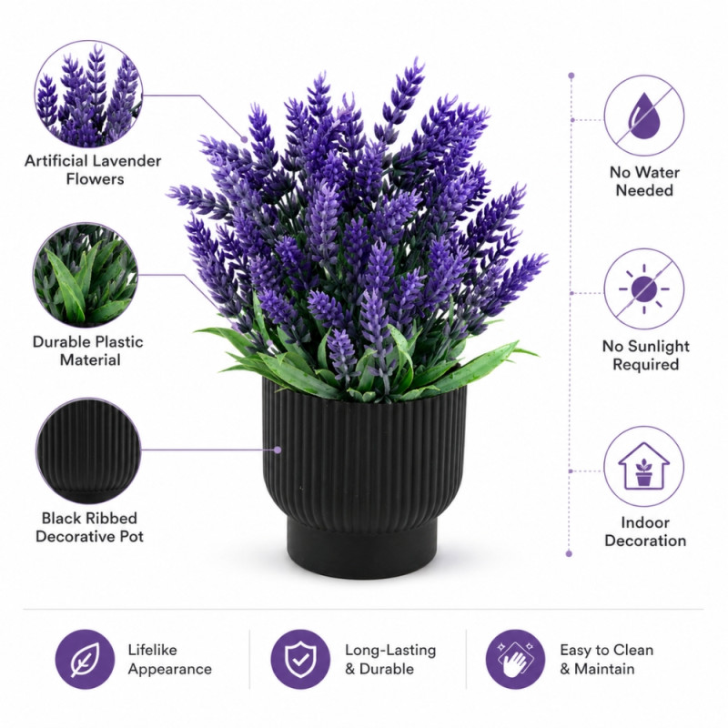 Professional Artificial Lavender Plant – Compact Purple & Black Decor (22cm)