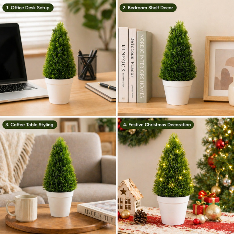 Professional Artificial Cedar Topiary Tree – Compact Green Cone (32cm)