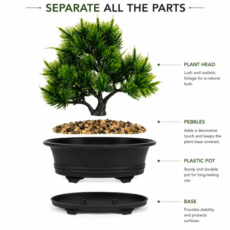 Professional Artificial Pine Tree Bonsai Plant – Zen Greenery in Black Pot (20cm)