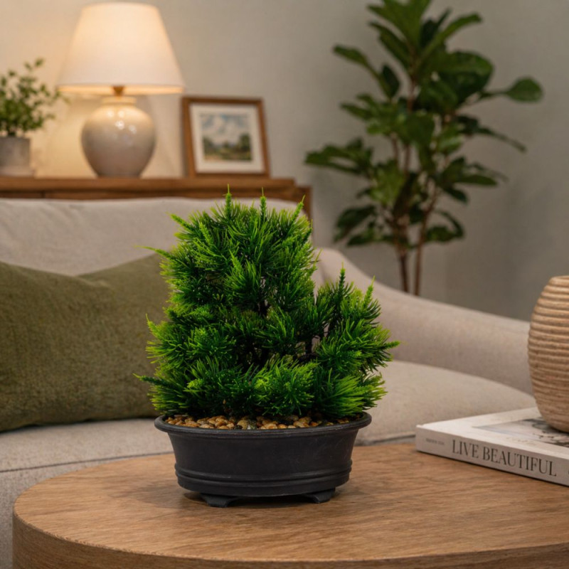 Professional Artificial Pine Tree Bonsai Plant – Zen Greenery in Black Pot (20cm)