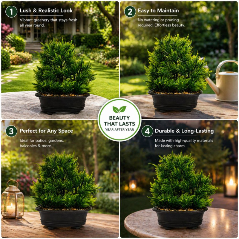 Professional Artificial Pine Tree Bonsai Plant – Zen Greenery in Black Pot (20cm)