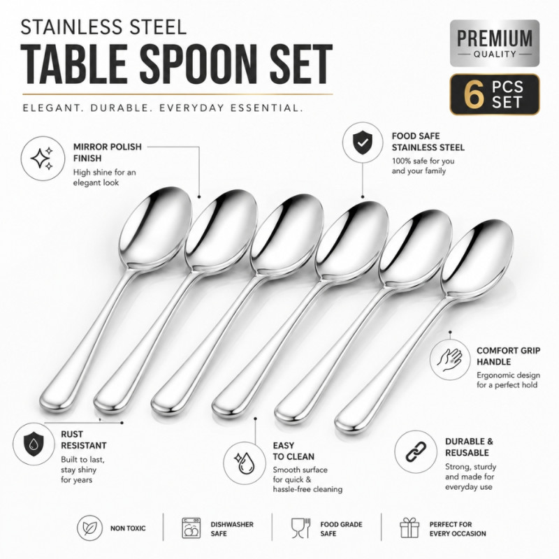 Pragmatic stainless steel dinner spoons featuring a mirror polish finish and a lightweight design – Sliver (19 x 4.3cm)
