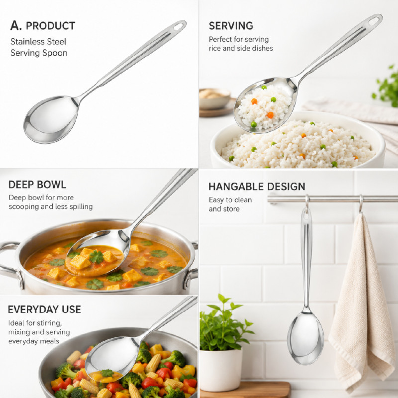 Premium Stainless Steel Solid Basting Spoon – 33 x 8 cm – Silver