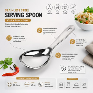 Utilitarian stainless steel serving spoon featuring a mirror polished finish and an ergonomic handle – Silver (18.5 x 6.5cm)