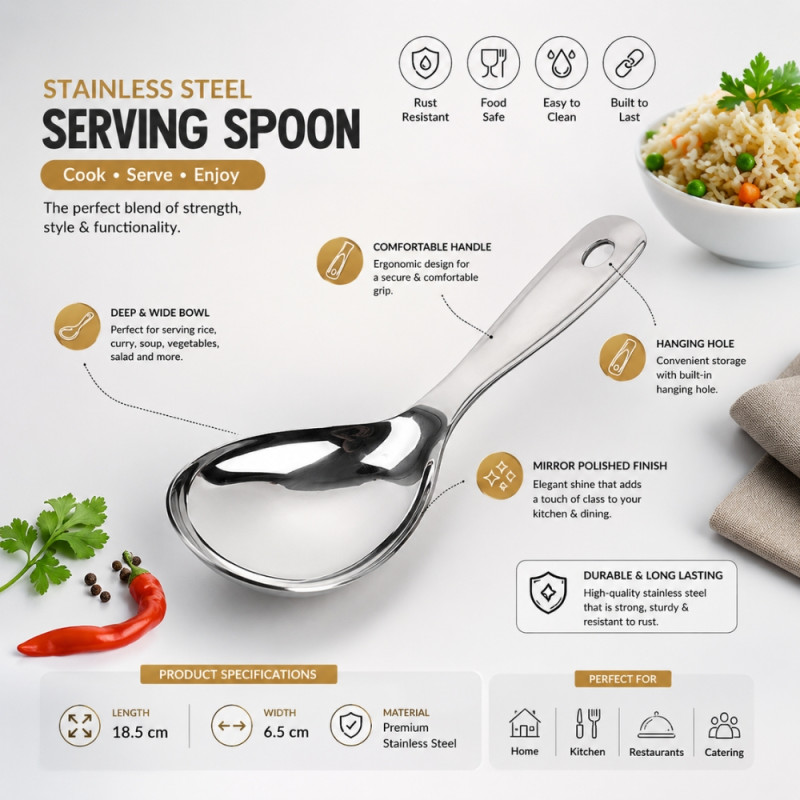 Utilitarian stainless steel serving spoon featuring a mirror polished finish and an ergonomic handle – Silver (18.5 x 6.5cm)