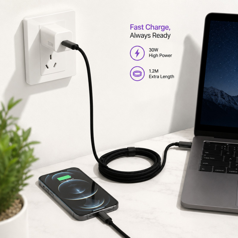 Gentle Care Charging Cable Designed for Seamless Device Connectivity – Black (L-1.2 M)