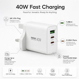 Remax 40W Fast Charging Adapter - Charges upto 3 Devices