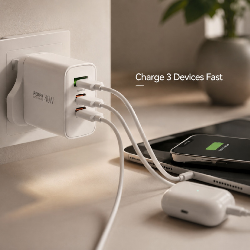 Remax 40W Fast Charging Adapter - Charges upto 3 Devices
