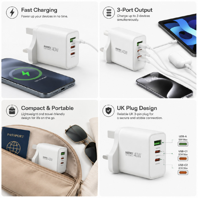 Remax 40W Fast Charging Adapter - Charges upto 3 Devices