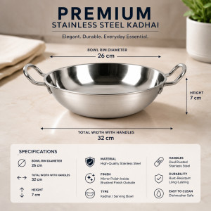 Crisp Glow Serving Bowl Designed for Everyday Cooking & Kitchen Excellence – Stainless Steel (H-7, W-32, DIA-26 CM)
