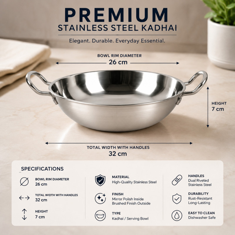Crisp Glow Serving Bowl Designed for Everyday Cooking & Kitchen Excellence – Stainless Steel (H-7, W-32, DIA-26 CM)