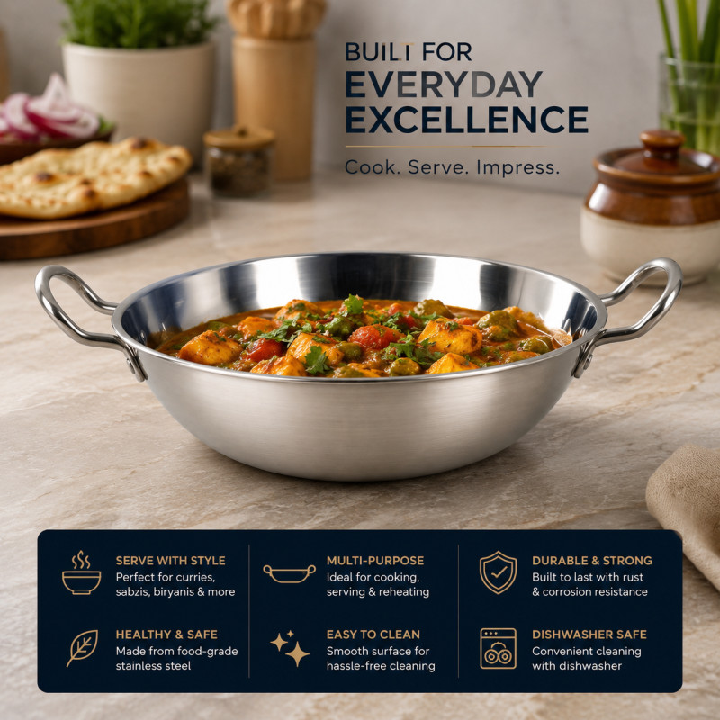 Crisp Glow Serving Bowl Designed for Everyday Cooking & Kitchen Excellence – Stainless Steel (H-7, W-32, DIA-26 CM)