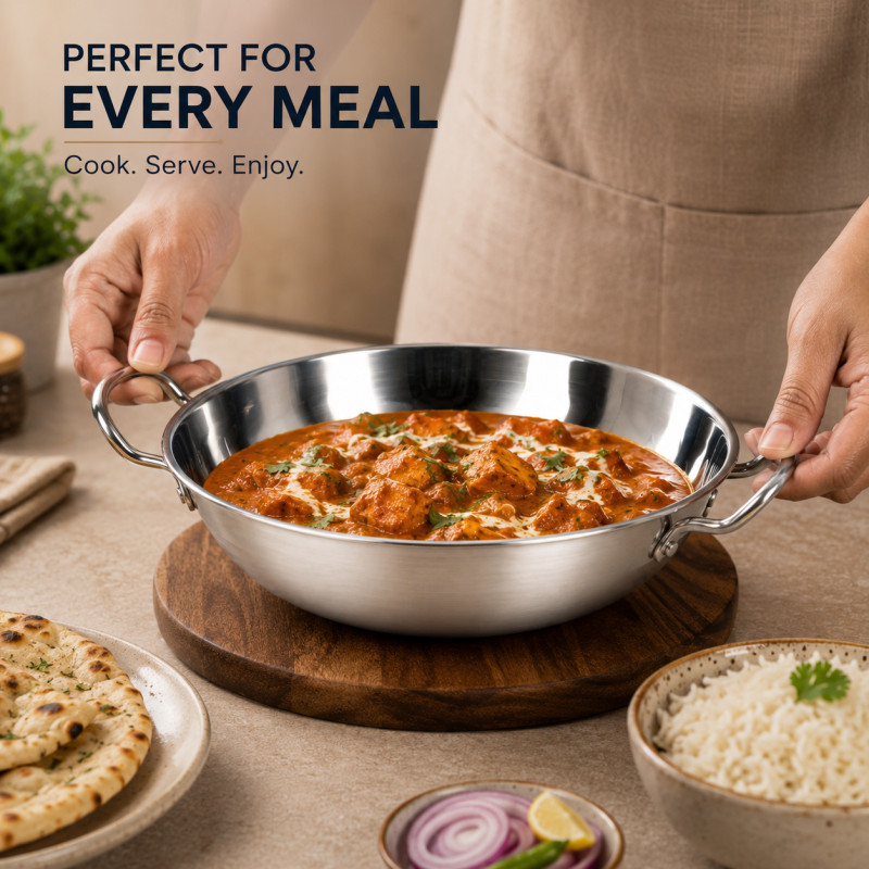 Crisp Glow Serving Bowl Designed for Everyday Cooking & Kitchen Excellence – Stainless Steel (H-7, W-32, DIA-26 CM)