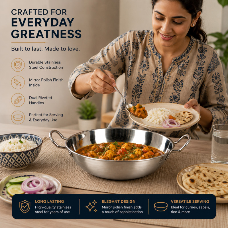 Crisp Glow Serving Bowl Designed for Everyday Cooking & Kitchen Excellence – Stainless Steel (H-7, W-32, DIA-26 CM)