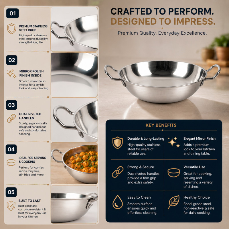 Crisp Glow Serving Bowl Designed for Everyday Cooking & Kitchen Excellence – Stainless Steel (H-7, W-32, DIA-26 CM)