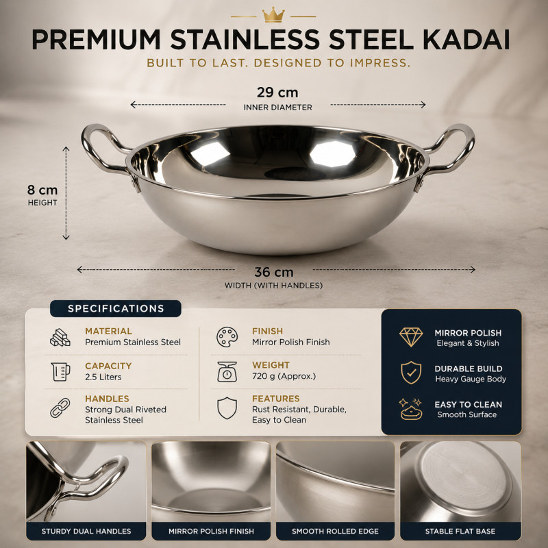 Crisp Shine Frying Pan Designed for Everyday Cooking & Kitchen Excellence – Stainless Steel (H-8, W-36, DIA-29 CM)