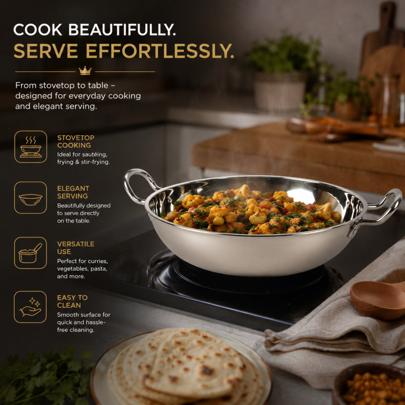 Crisp Shine Frying Pan Designed for Everyday Cooking & Kitchen Excellence – Stainless Steel (H-8, W-36, DIA-29 CM)