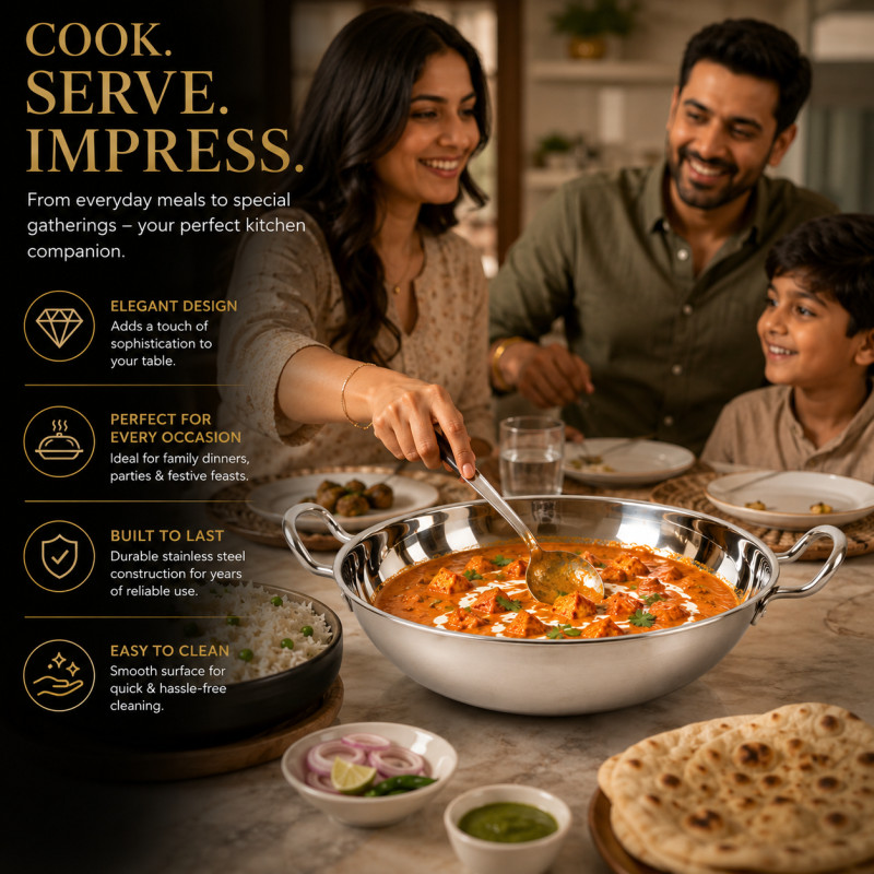 Crisp Shine Frying Pan Designed for Everyday Cooking & Kitchen Excellence – Stainless Steel (H-8, W-36, DIA-29 CM)