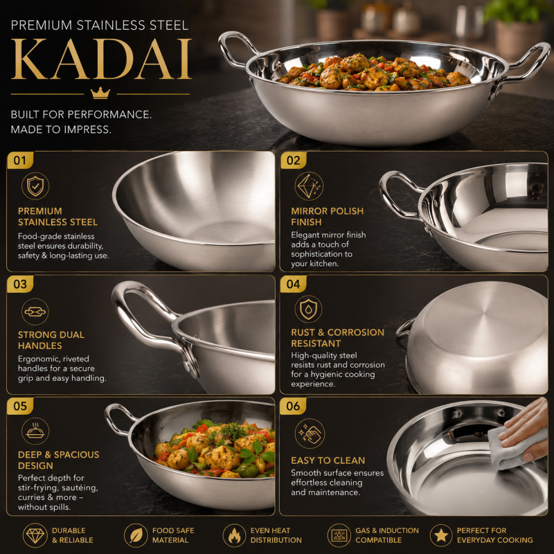 Crisp Shine Frying Pan Designed for Everyday Cooking & Kitchen Excellence – Stainless Steel (H-8, W-36, DIA-29 CM)