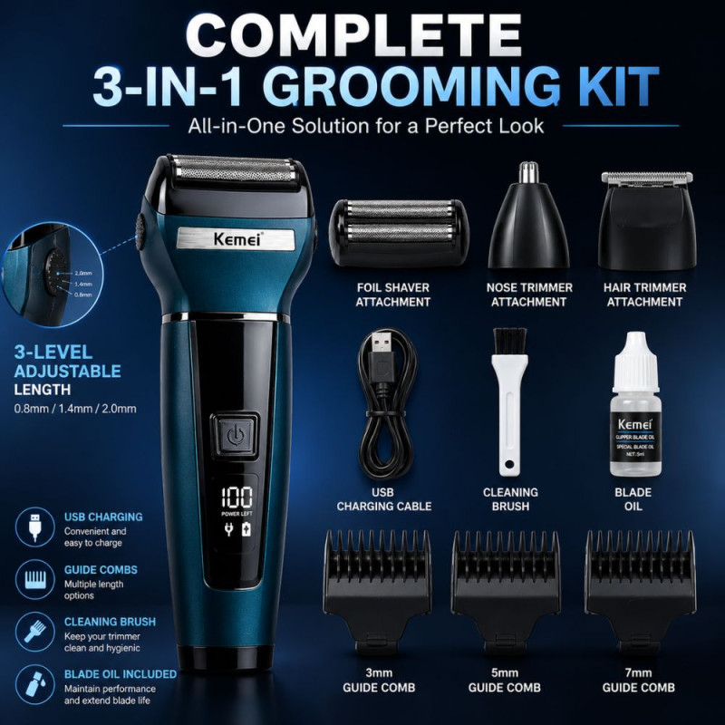 Ocean Wave 3-in-1 Trimmer Designed for Precision Grooming &amp; Style – Dark Blue (H-17, W-5 CM)
