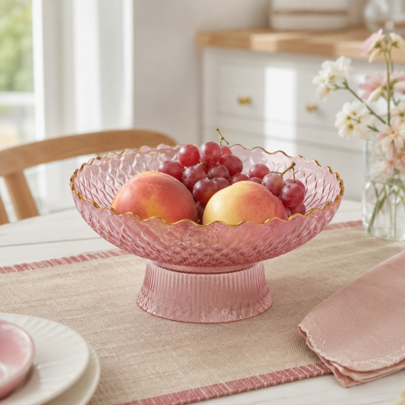 Elegant Pink Glass Fruit Basket – Decorative 11x15.5cm