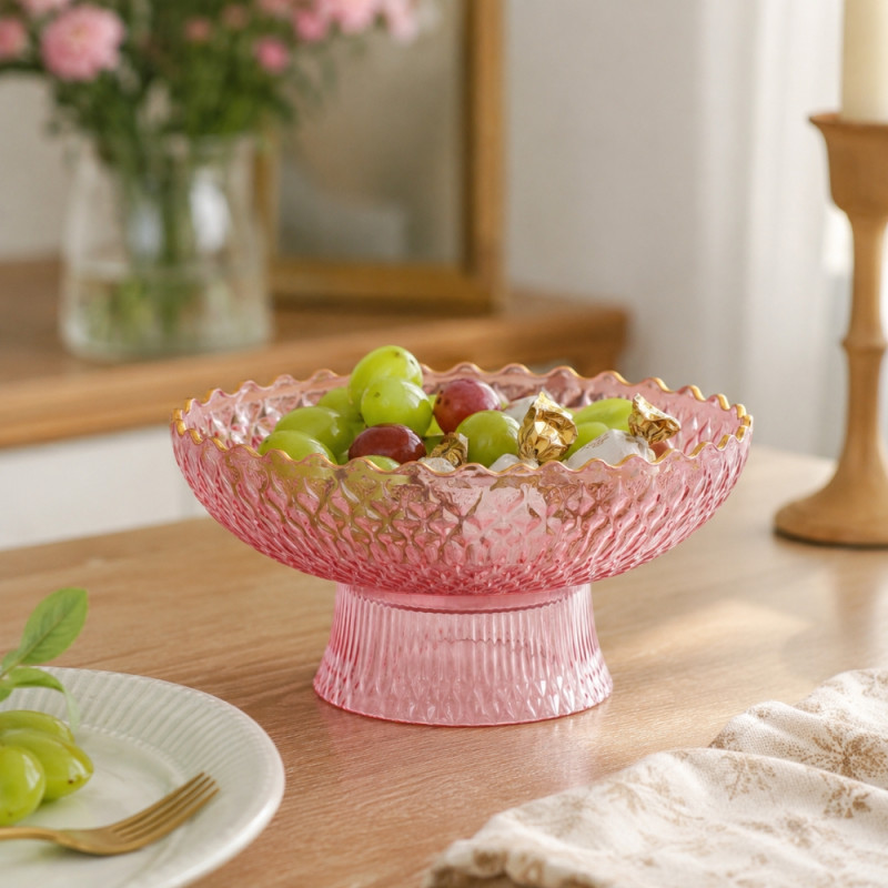 Elegant Pink Glass Fruit Basket – Decorative 11x15.5cm