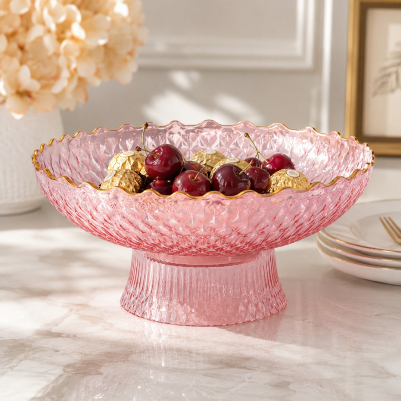 Elegant Pink Glass Fruit Basket – Decorative 11x15.5cm