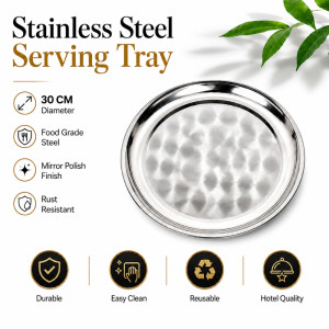 Stainless Steel Round Serving Tray – Mirror Polish Silver (30 x 2.5)