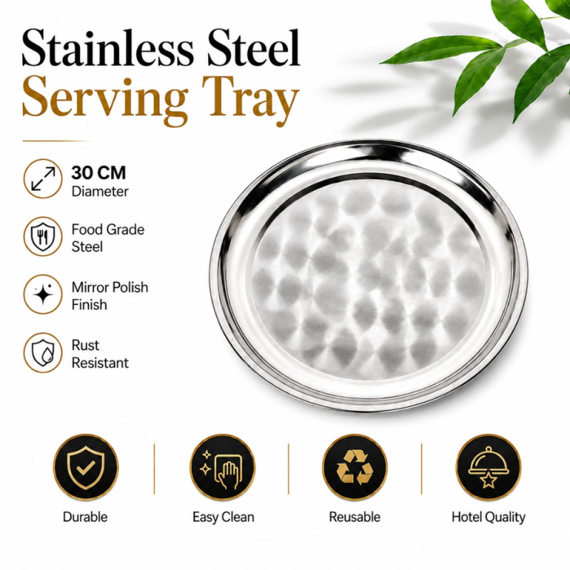 Stainless Steel Round Serving Tray – Mirror Polish Silver (30 x 2.5)