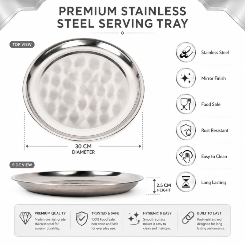 Stainless Steel Round Serving Tray – Mirror Polish Silver (30 x 2.5)